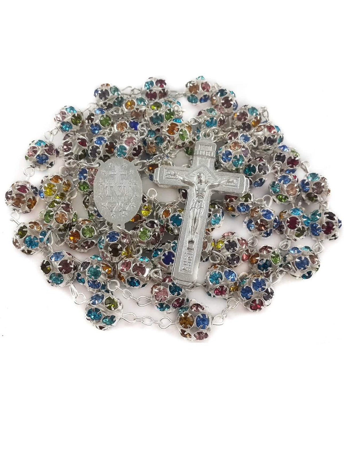 Xtra Long, Rosary Silver Necklace with Miraculous Medal Cross Multicolor Rosaries