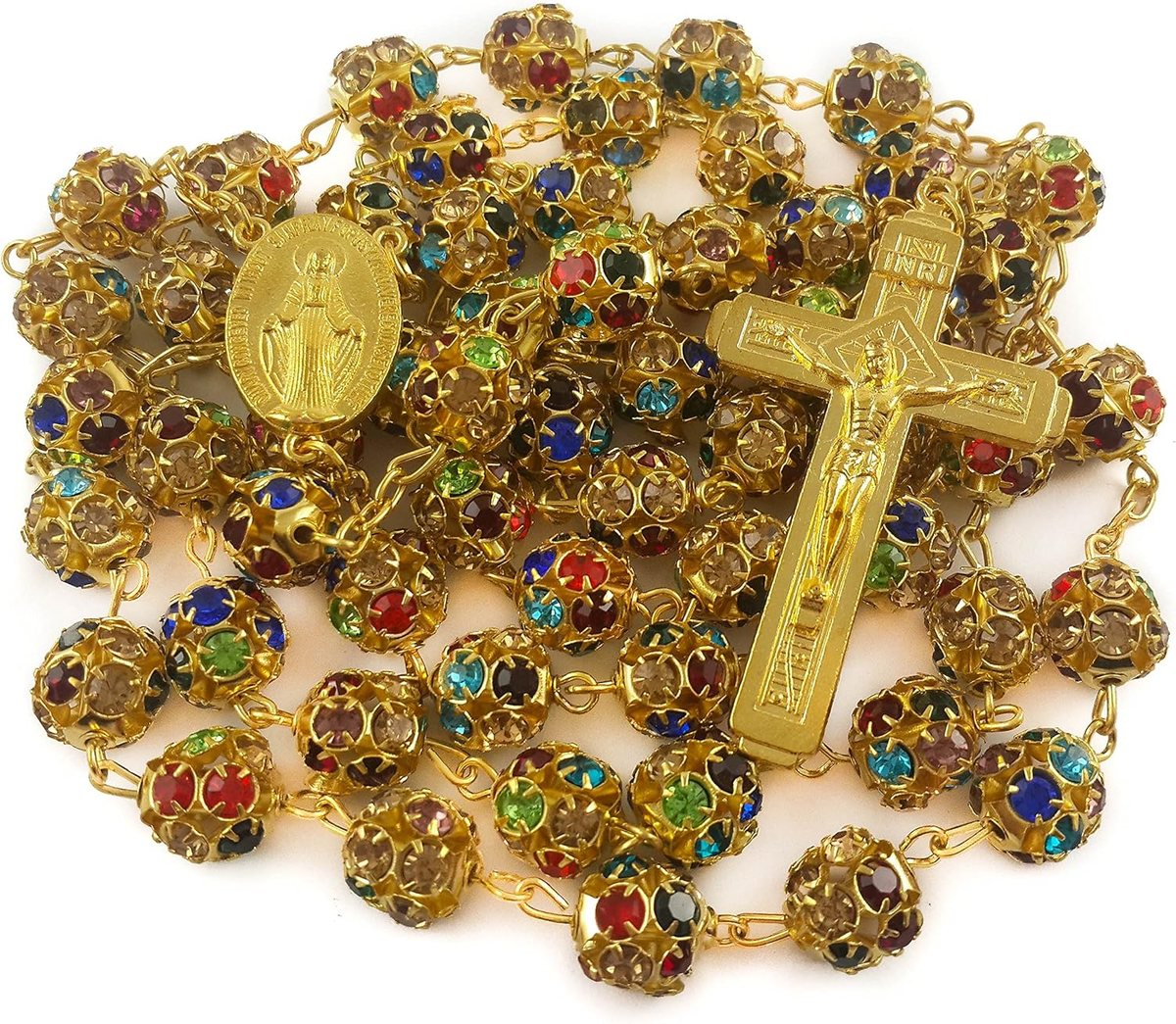 Xtra Long, Rosary Gold Necklace with Miraculous Medal Cross Multicolor Rosaries