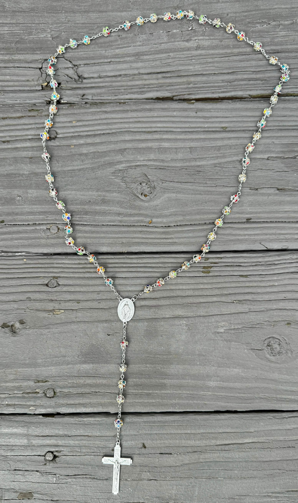 Xtra Long, Rosary Silver Necklace with Miraculous Medal Cross Multicolor Rosaries