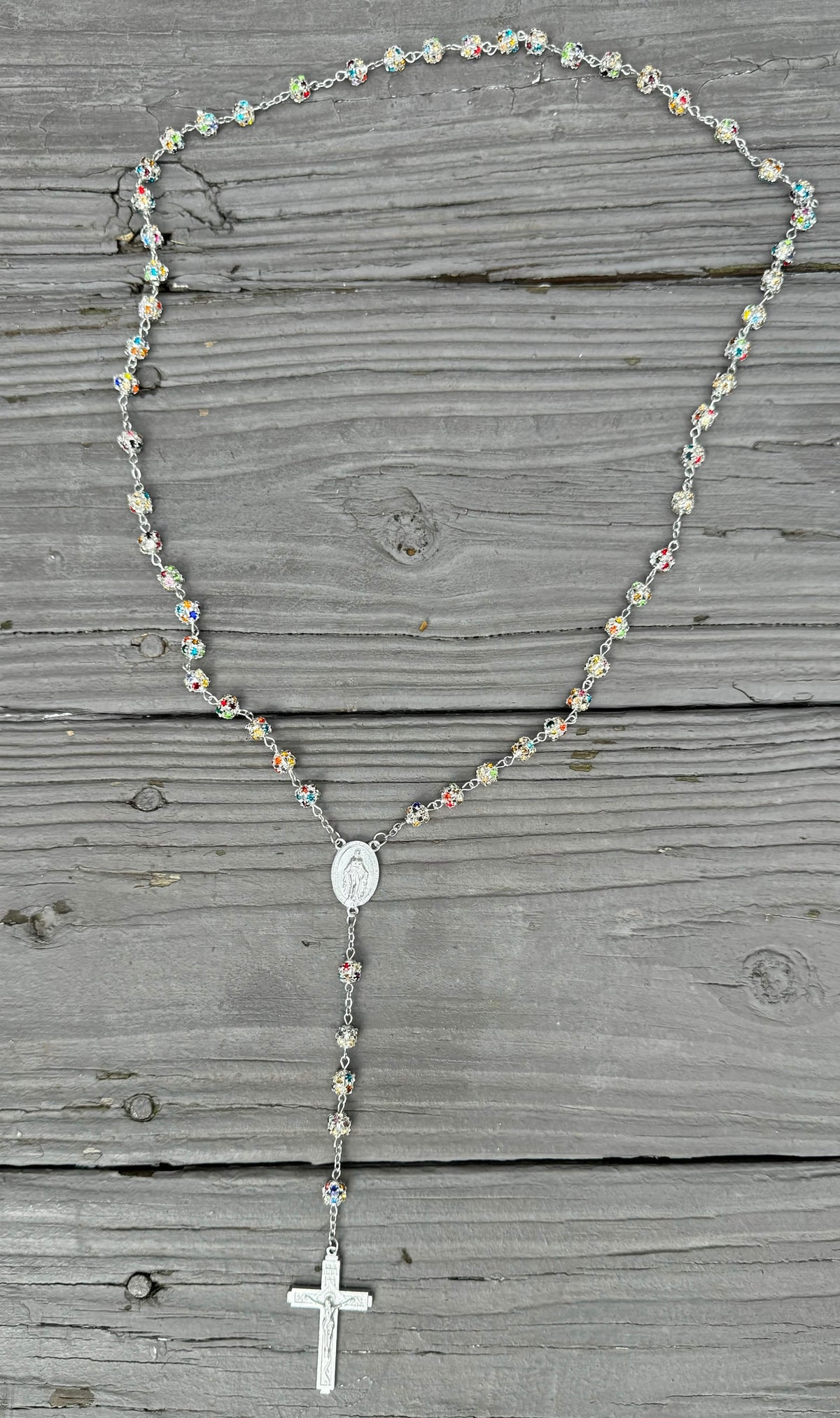 Xtra Long, Rosary Silver Necklace with Miraculous Medal Cross Multicolor Rosaries