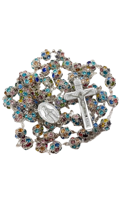 Xtra Long, Rosary Silver Necklace with Miraculous Medal Cross Multicolor Rosaries