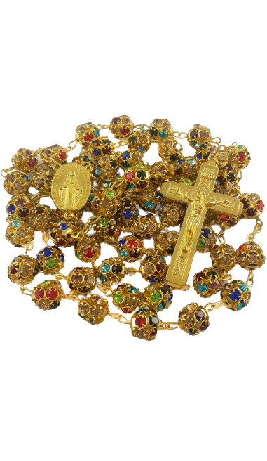 Xtra Long, Rosary Gold Necklace with Miraculous Medal Cross Multicolor Rosaries